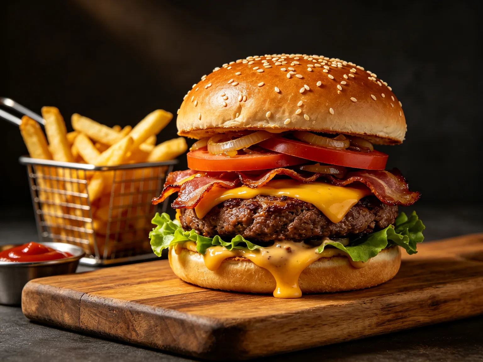 Gourmet burger stacked high with fries on rustic wooden board
