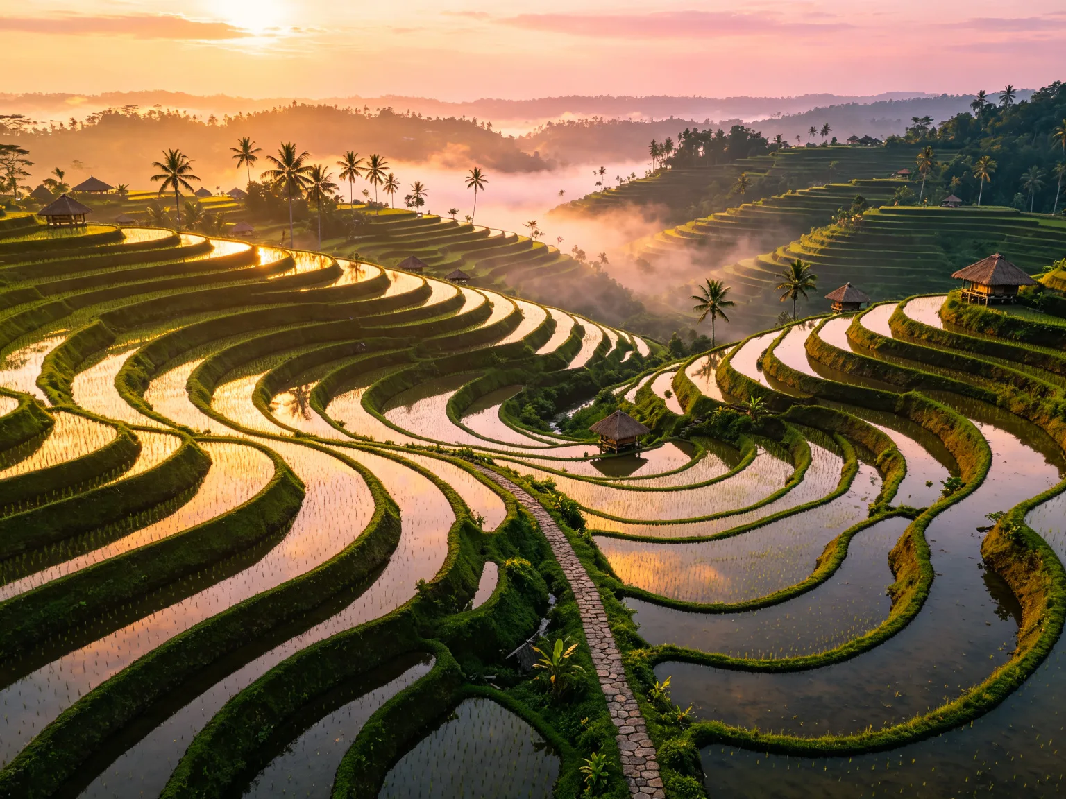 Aerial view of Bali terraced rice fields at sunrise with water reflections