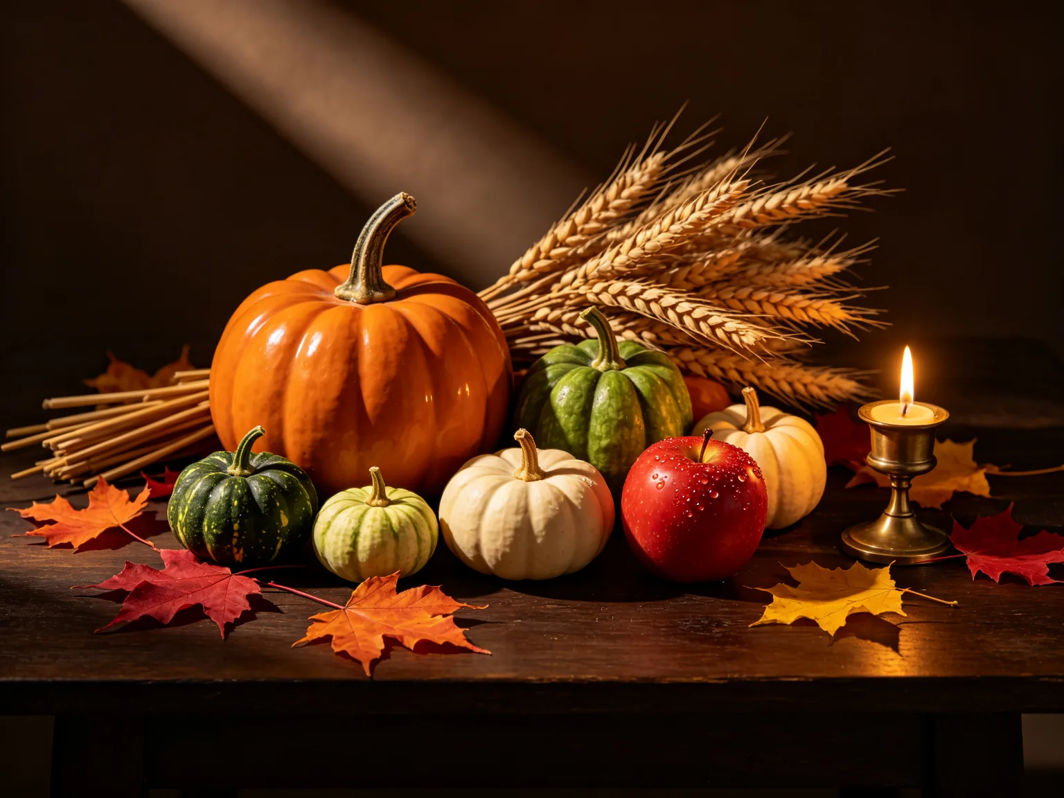 Autumn still life with pumpkins, wheat, apple, and lit candle