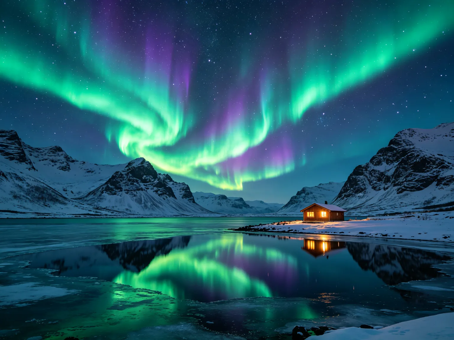 Aurora borealis over snow covered mountain lake with cabin reflection