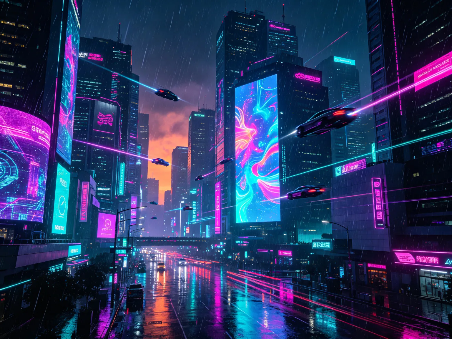 Neon cyberpunk cityscape at night with flying vehicles and rain