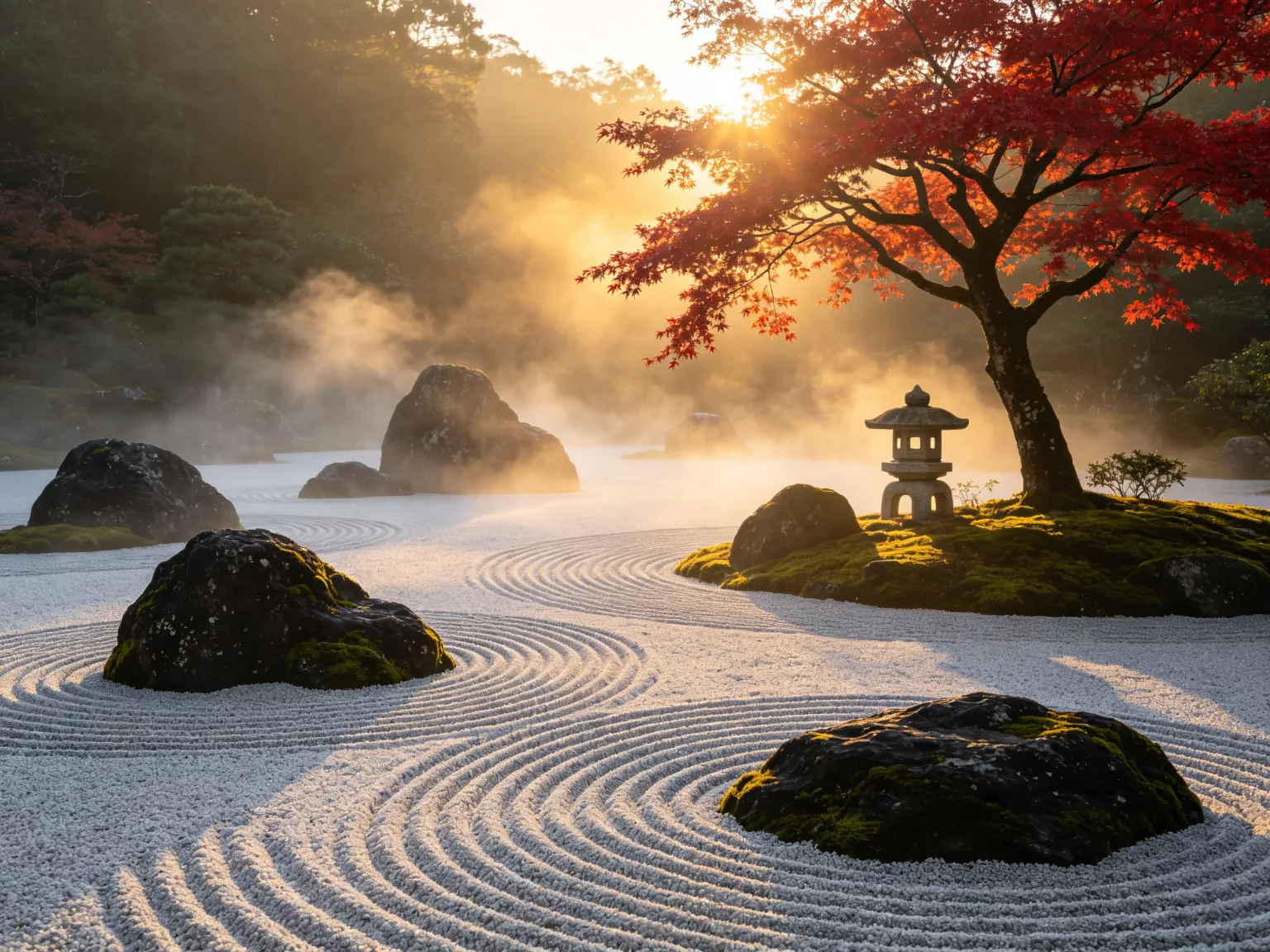 Serene Japanese zen garden at dawn with raked gravel and red maple