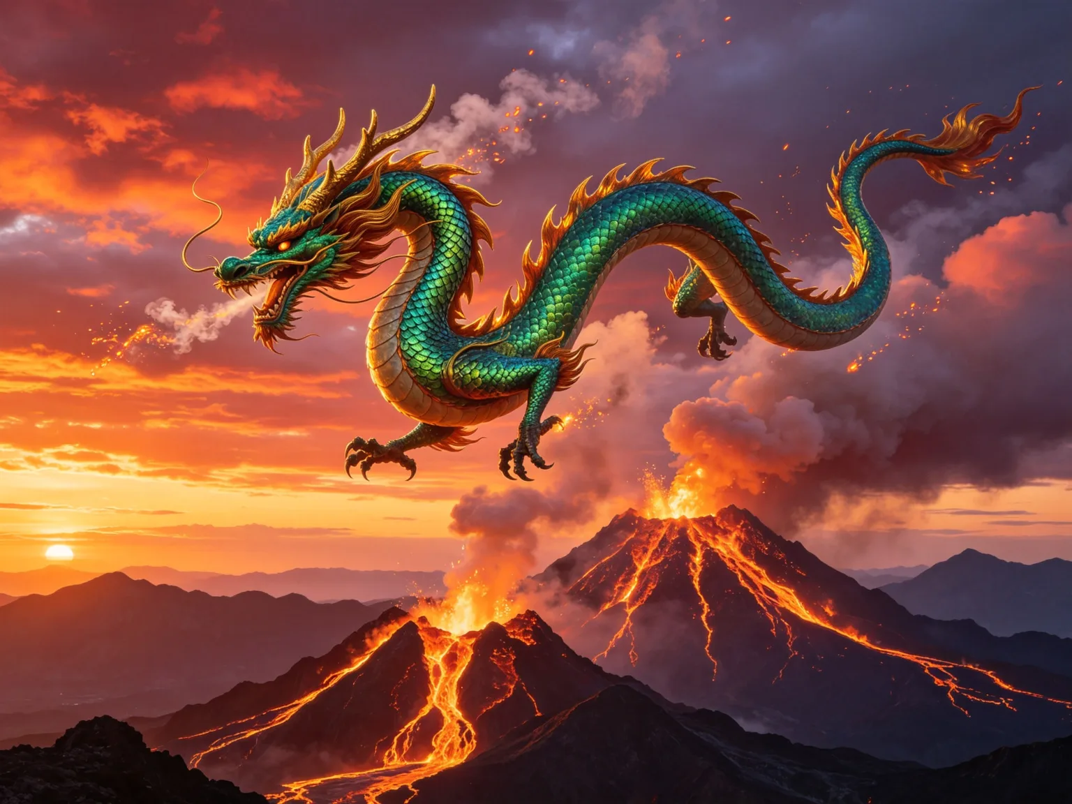 Majestic emerald dragon in flight over erupting volcanoes at sunset