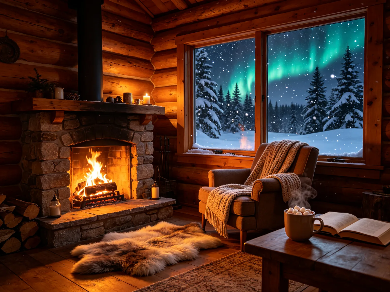 Cozy log cabin interior with fireplace and northern lights through window