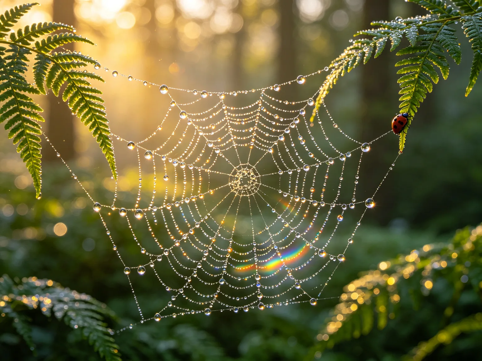 Dew covered spider web with ladybug in forest at dawn