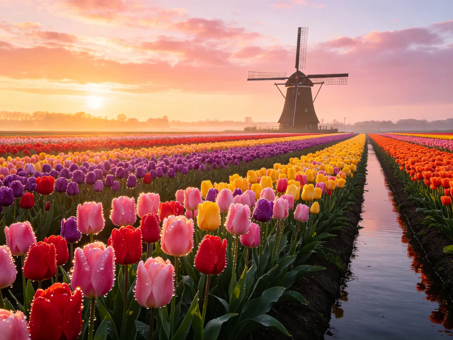 Champs de tulipes éclatants au lever du soleil avec moulin hollandais et canal