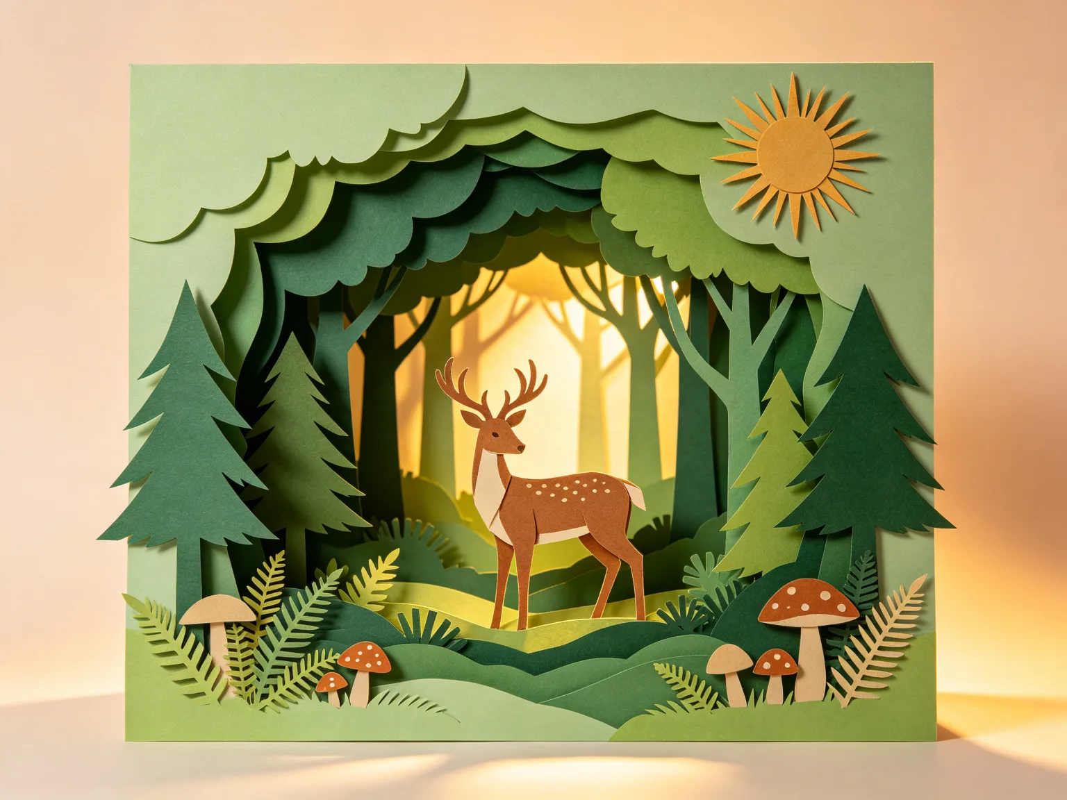 Scène de forêt en papier craft 3D complexe avec cerf et champignons