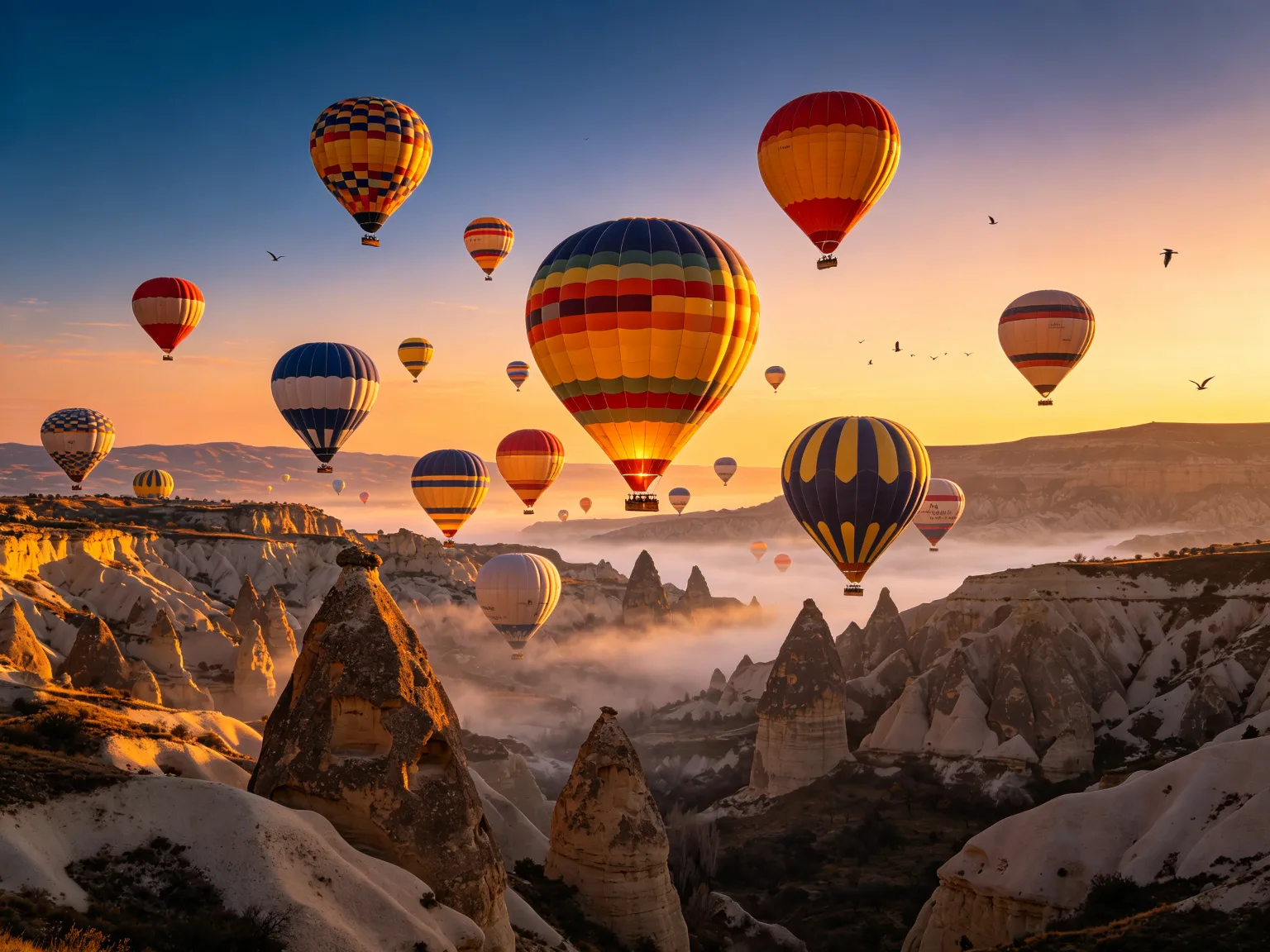 Festival de montgolfières à l'aube au-dessus des rochers de Cappadoce