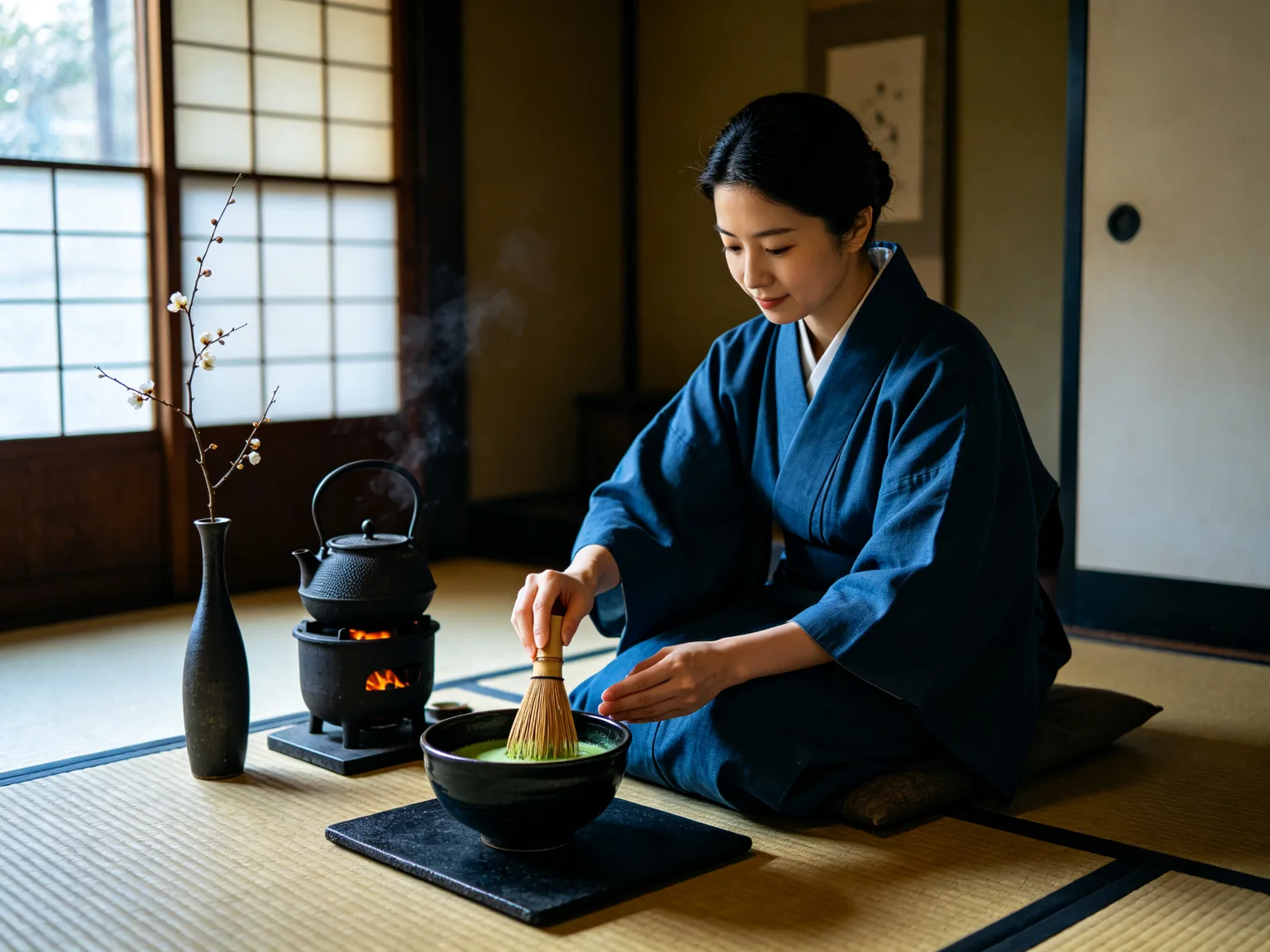 Cérémonie du thé japonaise traditionnelle dans une salle tatami sereine