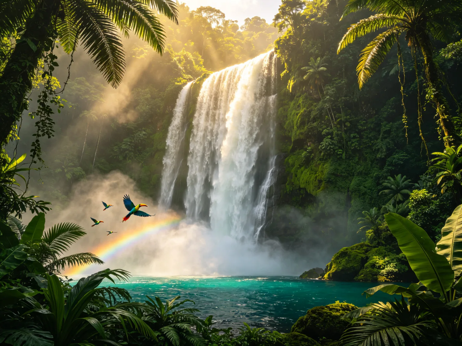 Cascade tropicale immense avec arc-en-ciel et jungle luxuriante