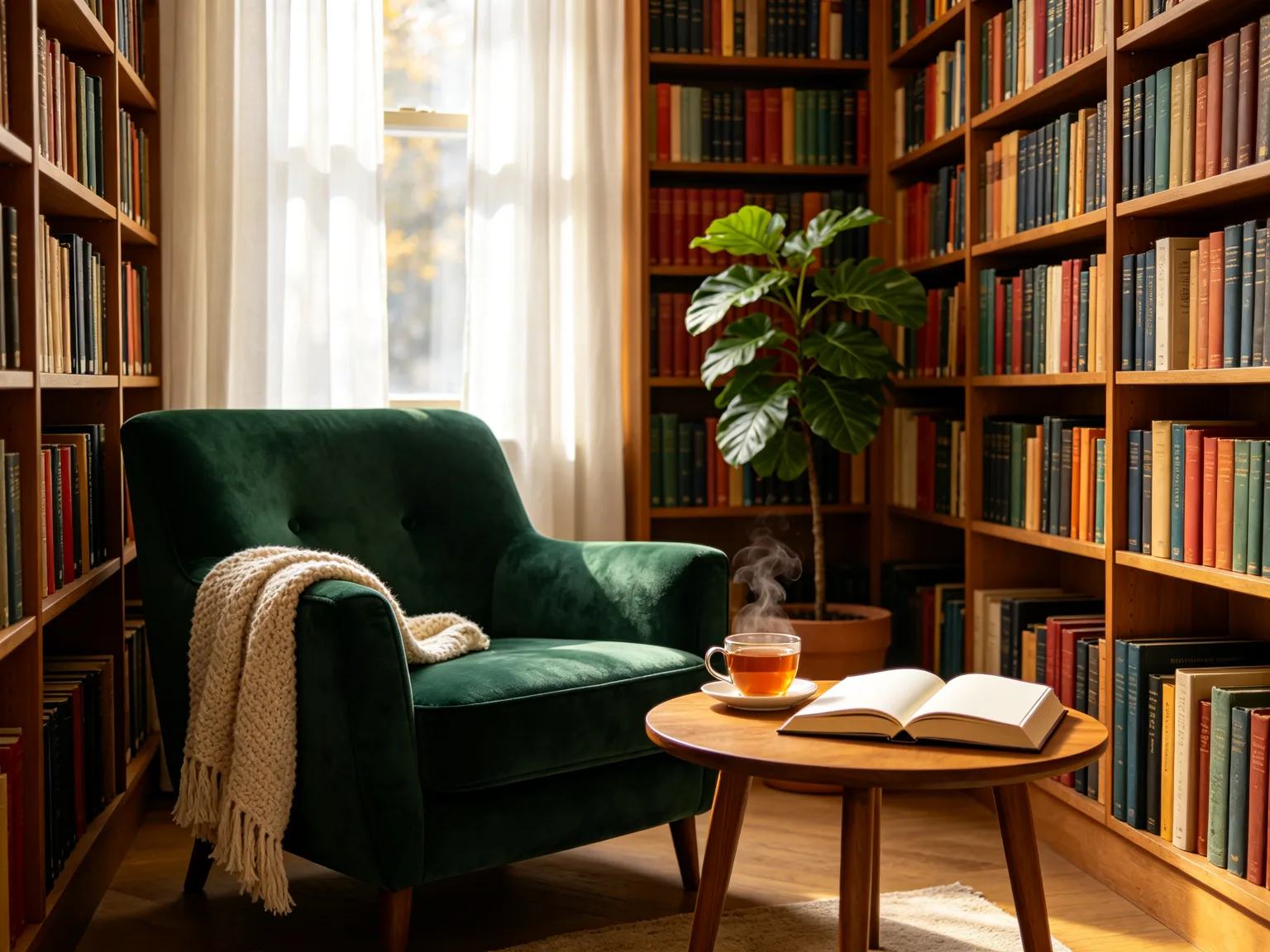 Coin lecture chaleureux avec fauteuil émeraude dans une bibliothèque