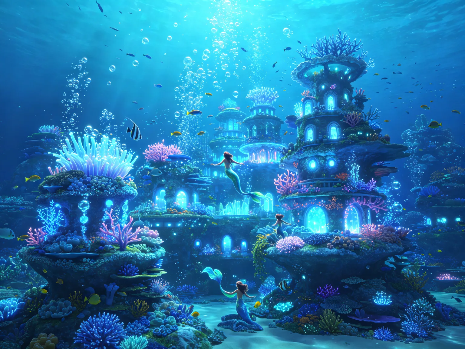 Ciudad submarina animada 3D con sirenas y edificios de coral