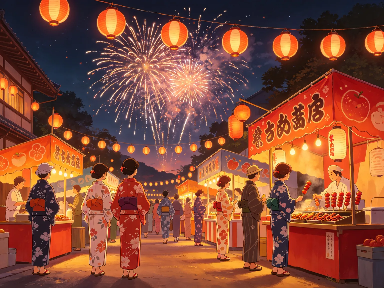 Festival de verano estilo anime con fuegos artificiales y farolillos