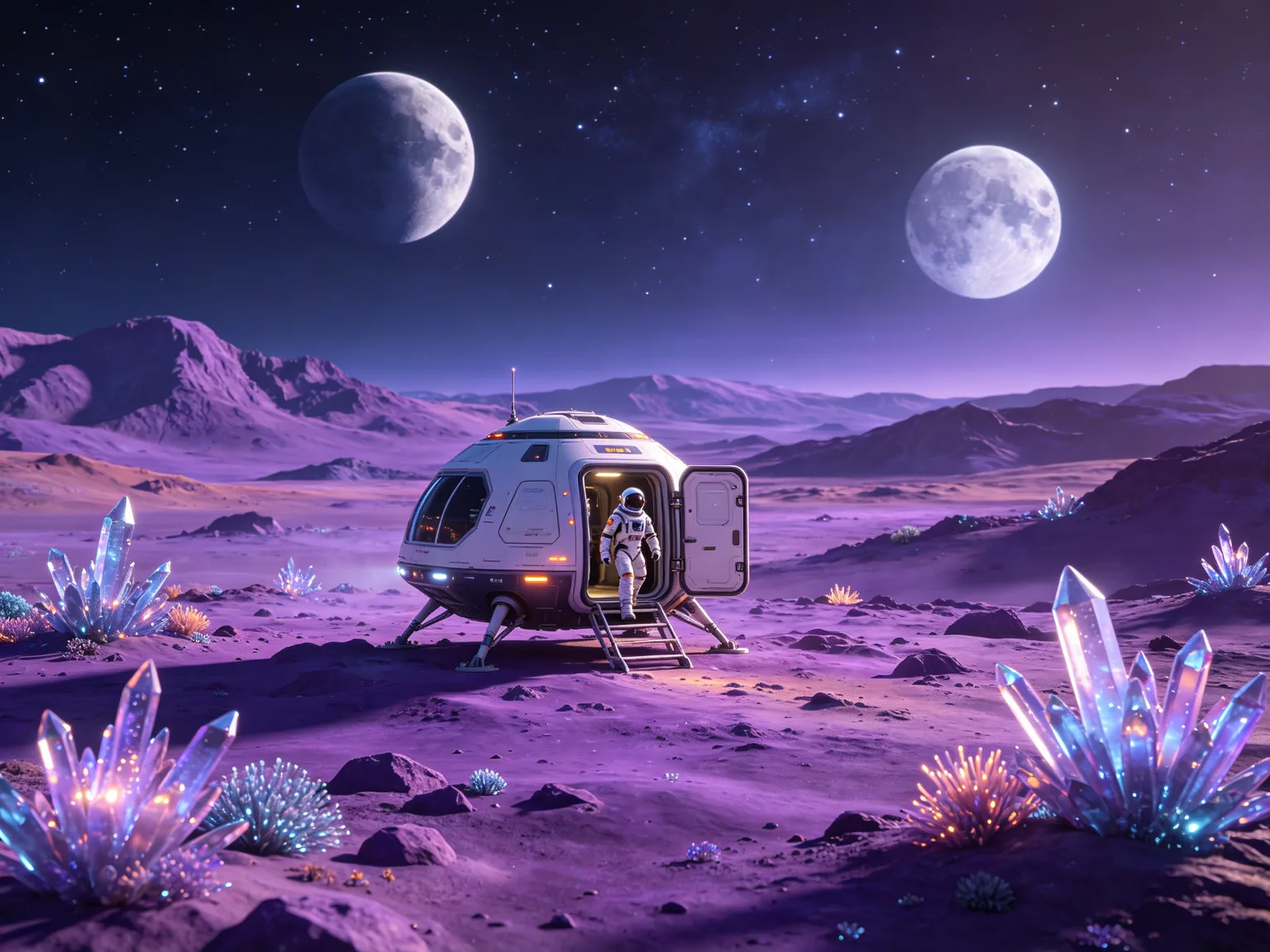 Planeta alienígena animado 3D con terreno púrpura y dos lunas