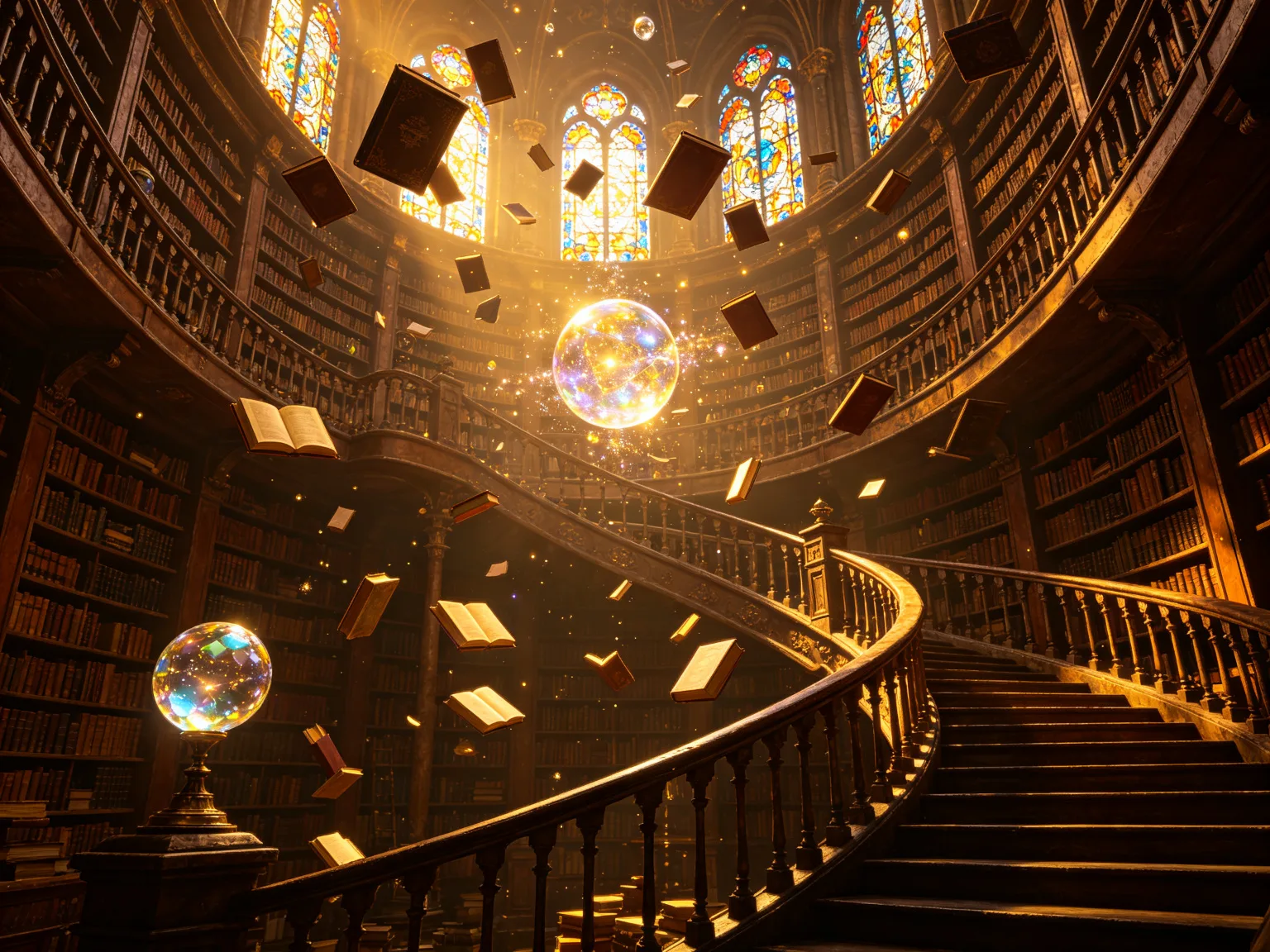 Biblioteca mágica animada 3D con libros flotantes y bolas de cristal