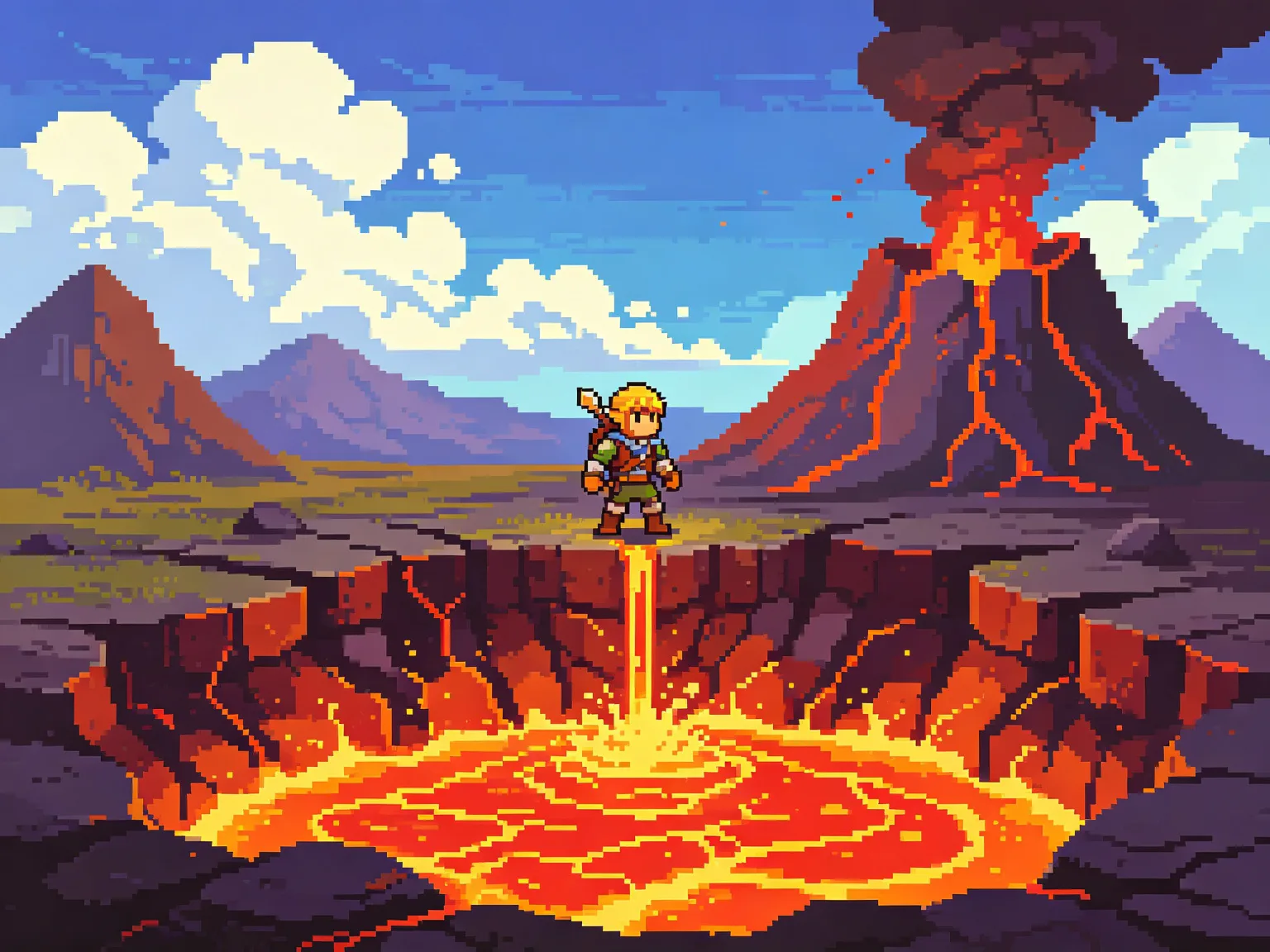 Escena de videojuego de aventura pixel art con héroe en un volcán