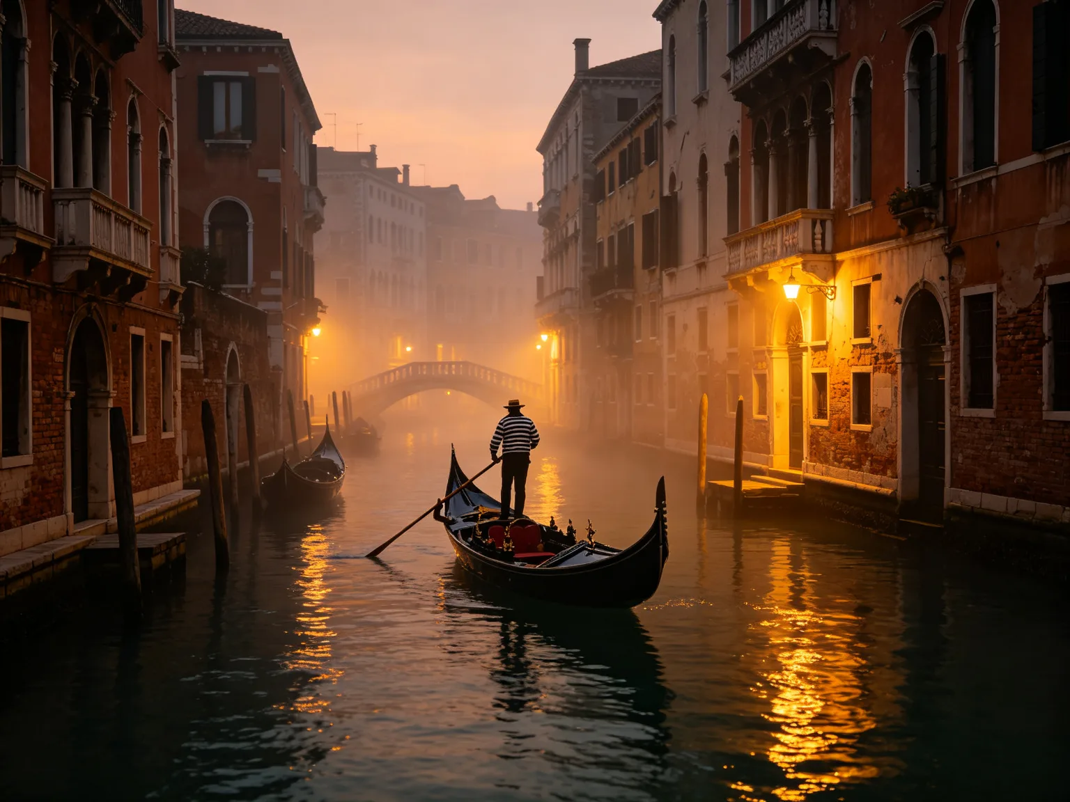 Canal de Venise au crépuscule avec gondole et lumières chaudes