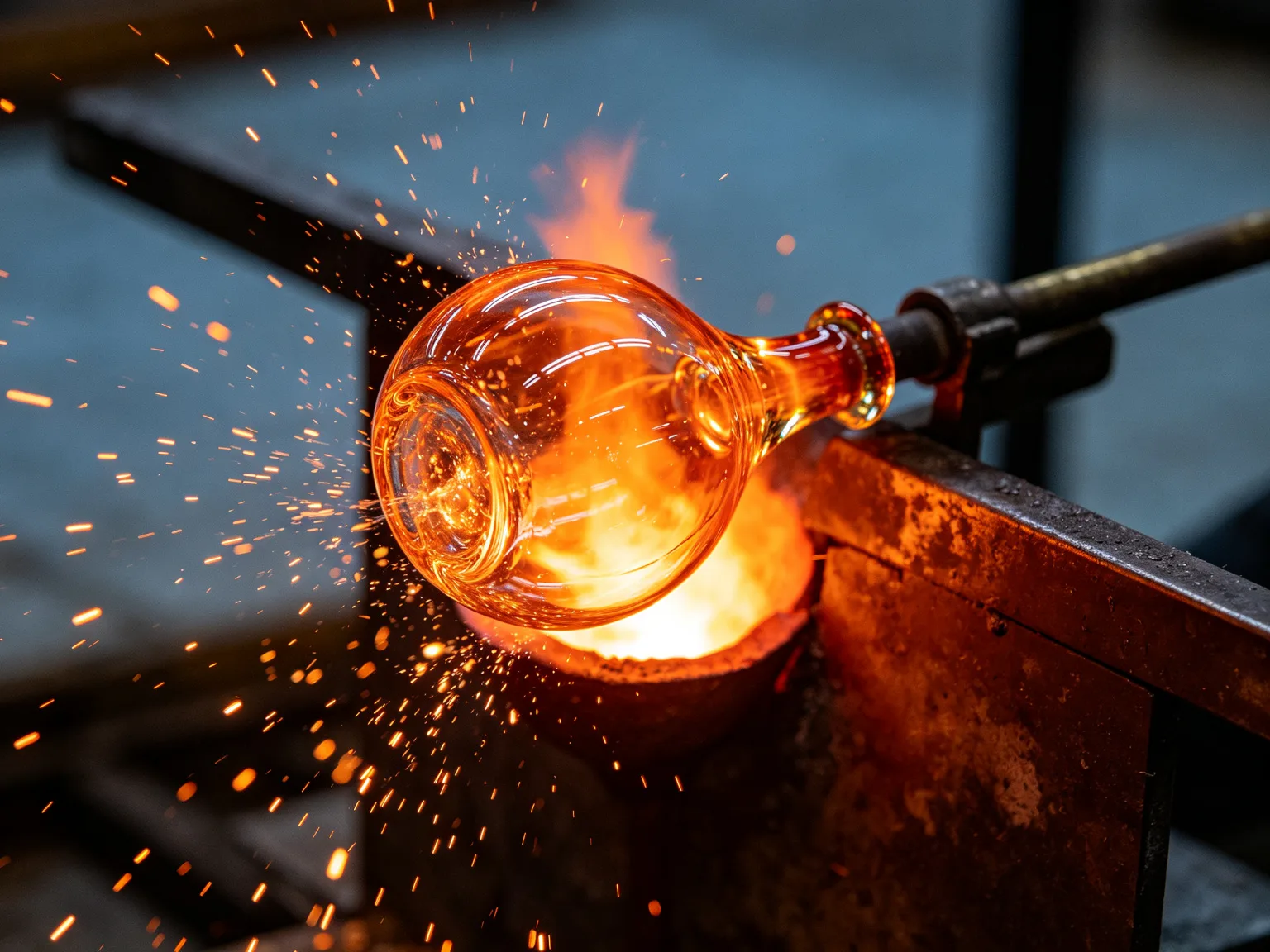 Souffleur de verre façonnant du verre en fusion avec étincelles