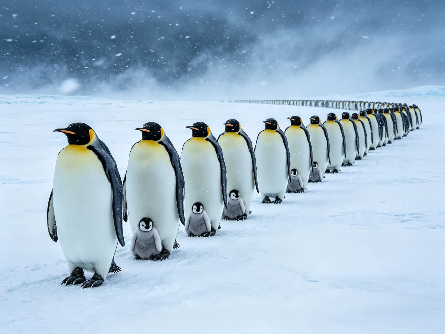 Colonie de manchots empereurs sur la glace antarctique avec poussins