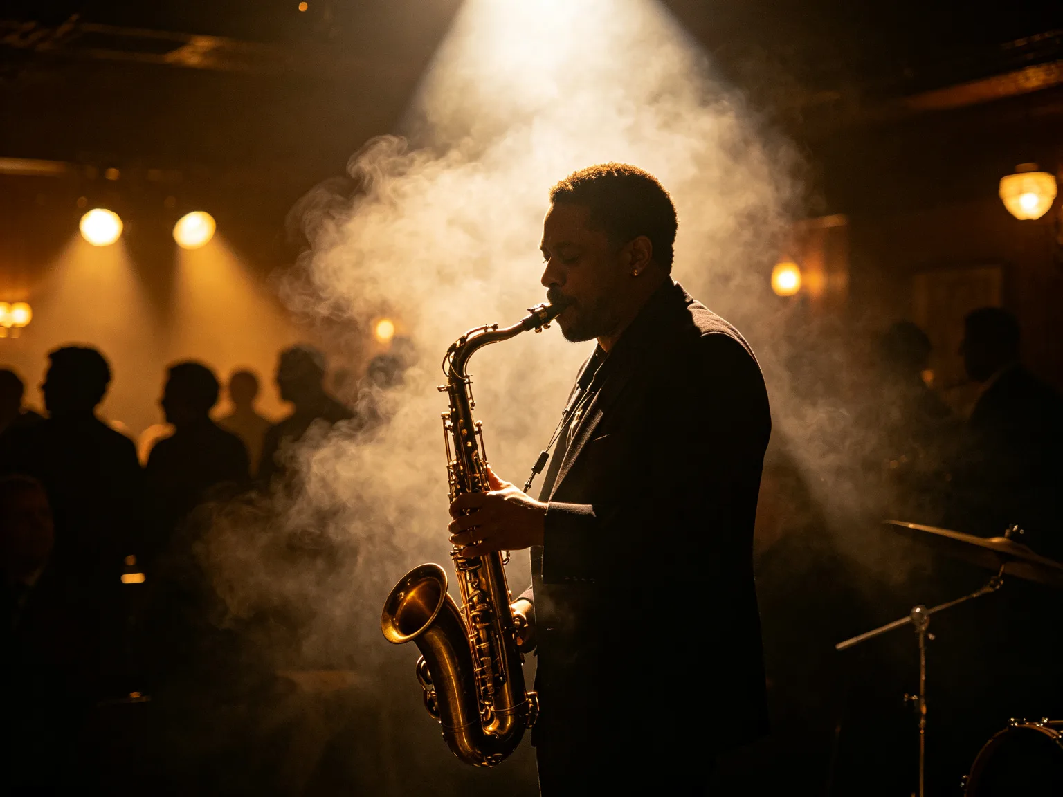 Saxophoniste de jazz jouant dans un club enfumé en projecteur