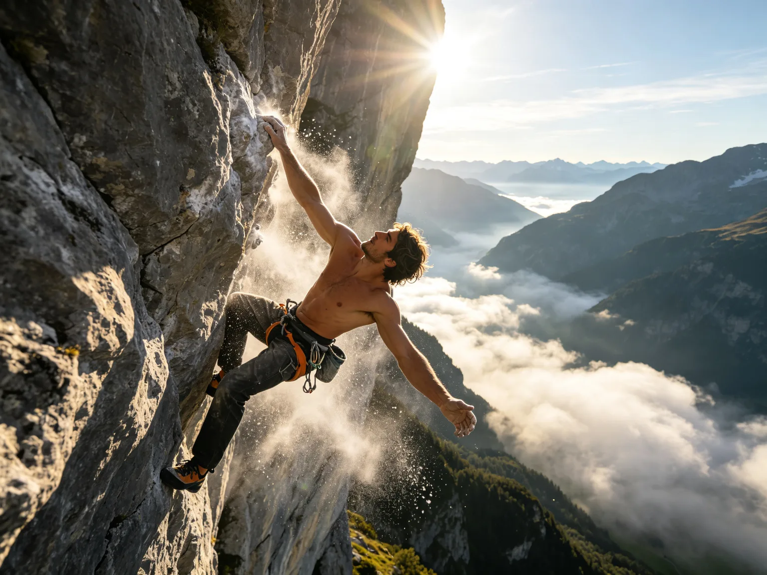 Grimpeur escaladant une falaise au-dessus d'une vallée de nuages