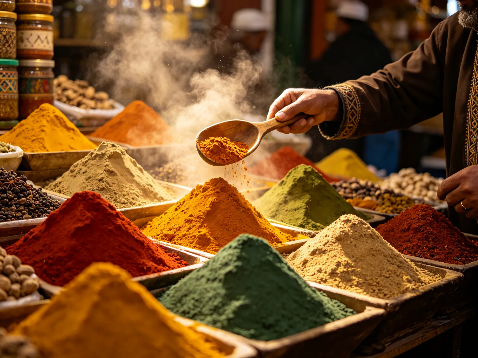 Marché aux épices marocain avec tas colorés et marchand