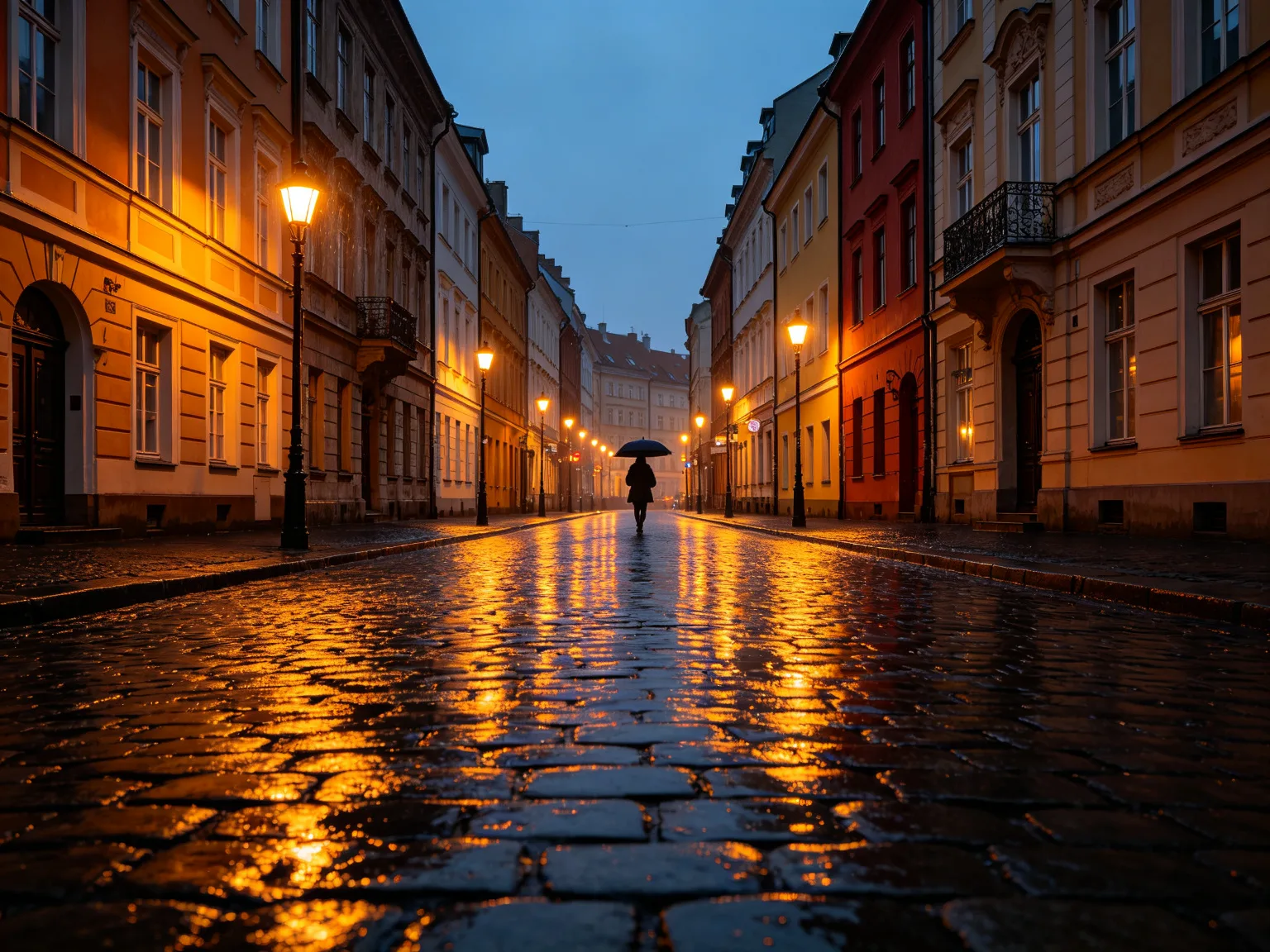 Scène de rue au soir pluvieux
