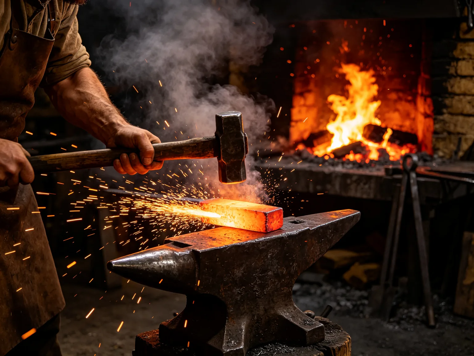 Forgeron martelant du métal incandescent sur l'enclume avec étincelles