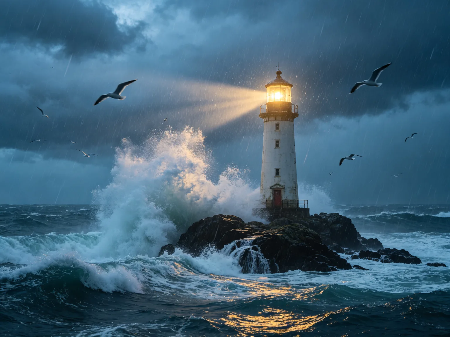 Phare dressé dans une mer agitée avec vagues déferlantes