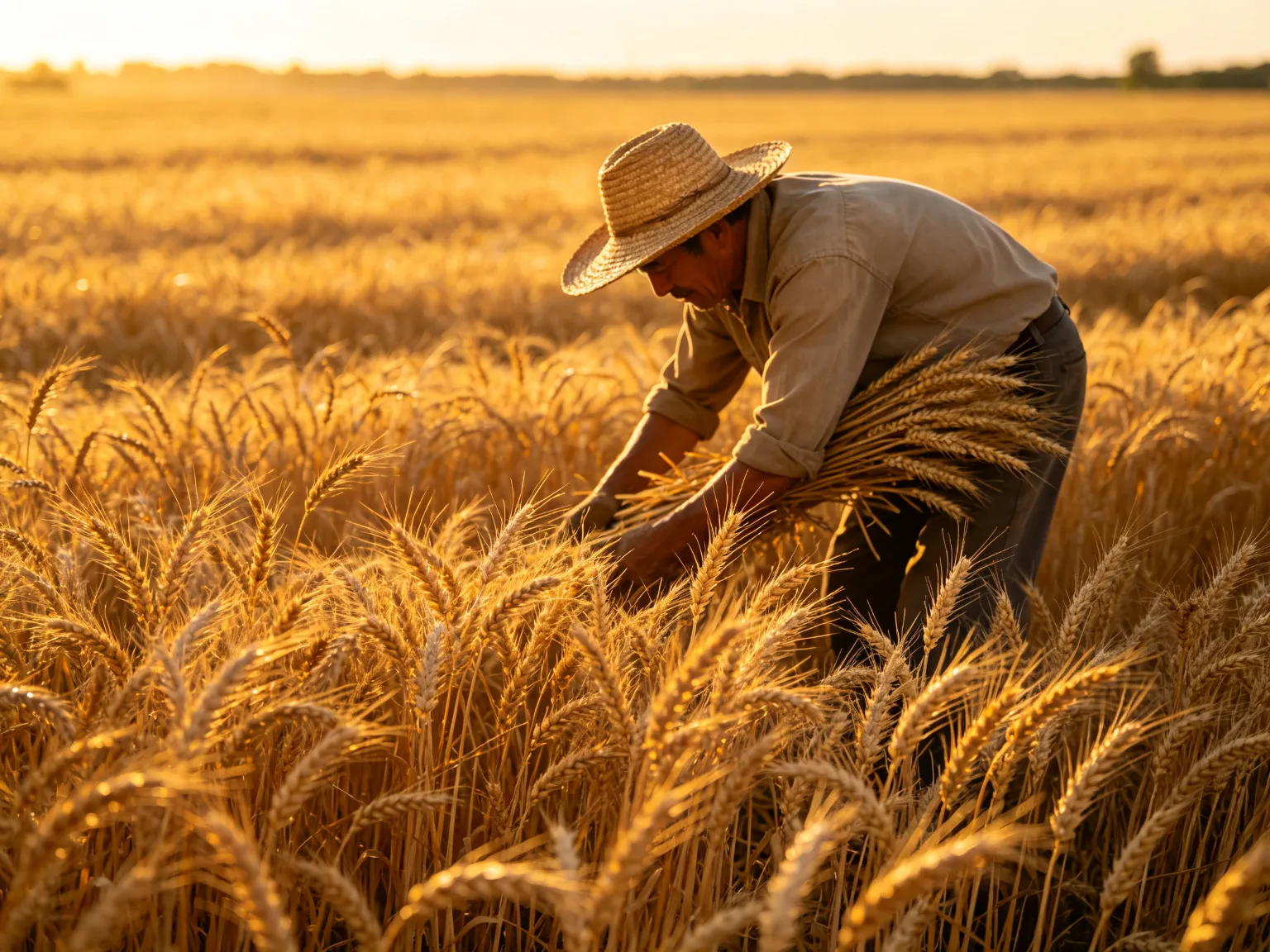 Agriculteur moissonnant du blé doré au coucher du soleil