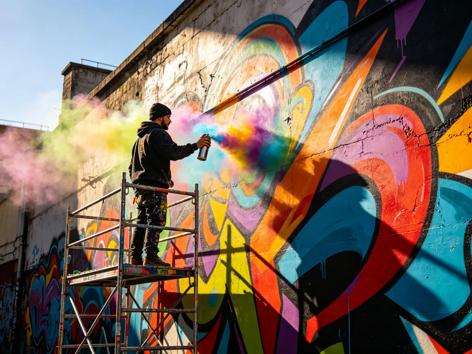 Artiste de rue réalisant une fresque colorée au spray