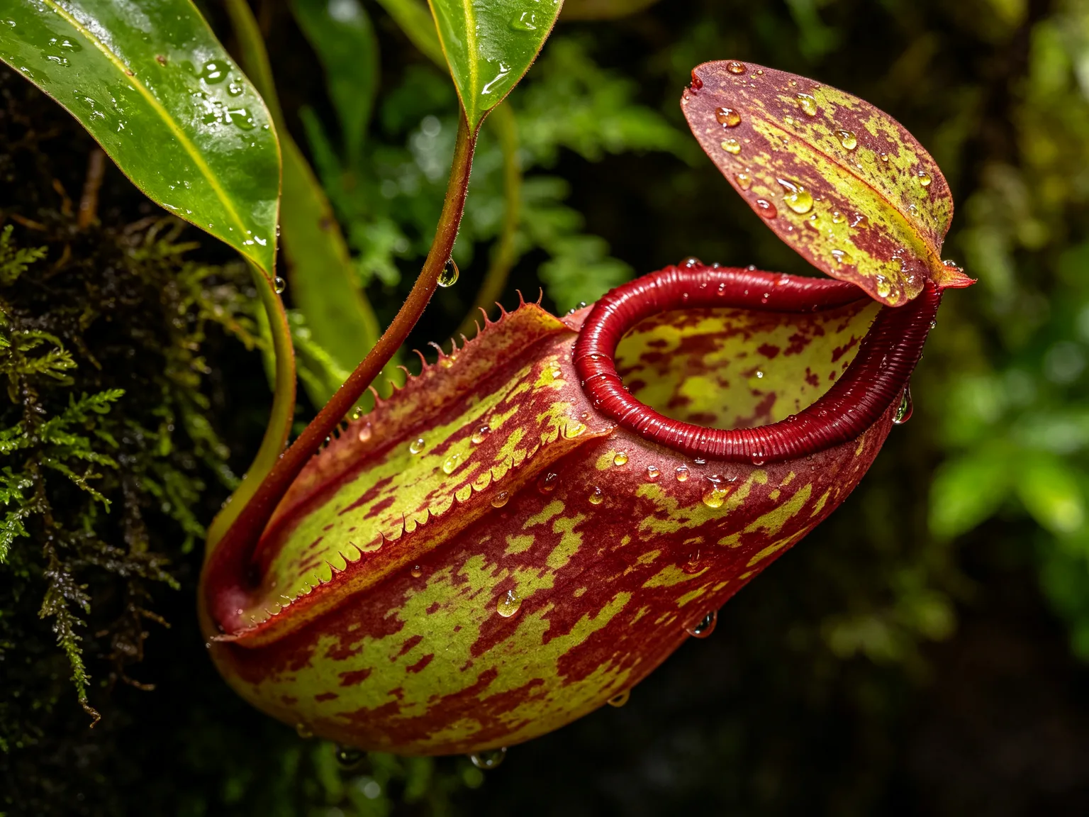 Plante carnivore tropicale avec gouttes d'eau