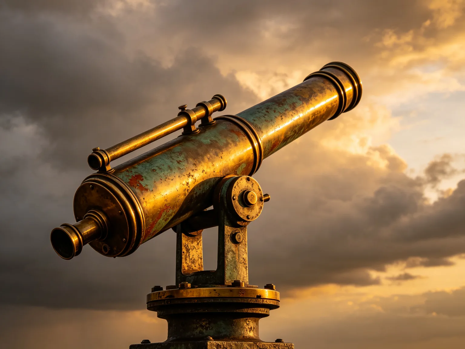 Télescope vintage en laiton contre un ciel nuageux