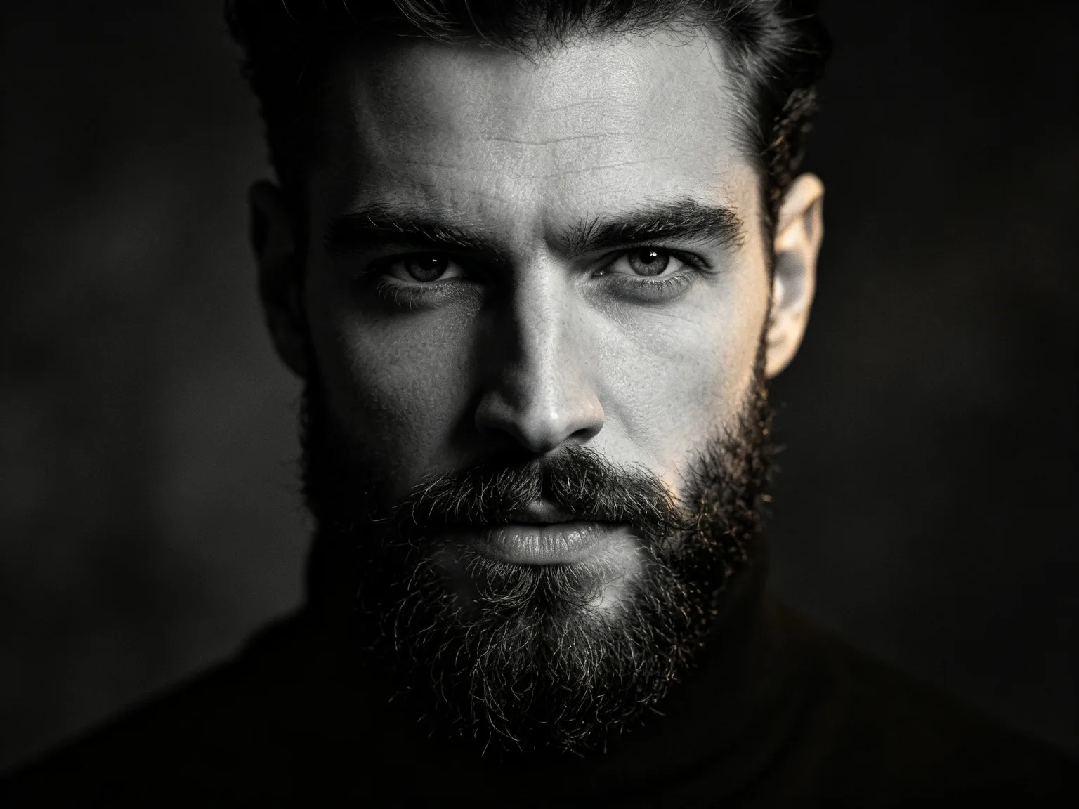 Portrait noir et blanc dramatique d'homme barbu