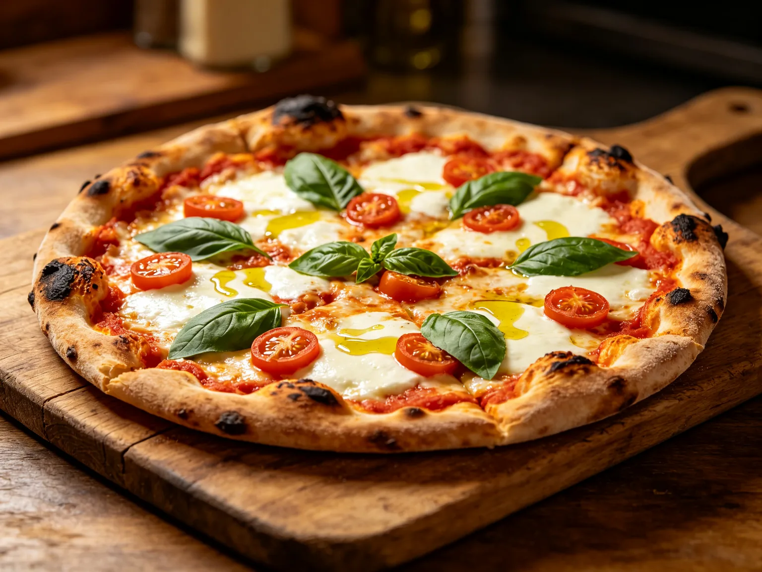 Pizza artisanale au feu de bois avec basilic frais