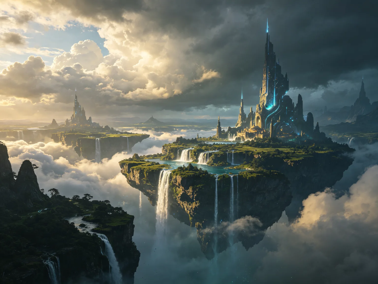 Scène cinématique fantastique d'îles flottantes